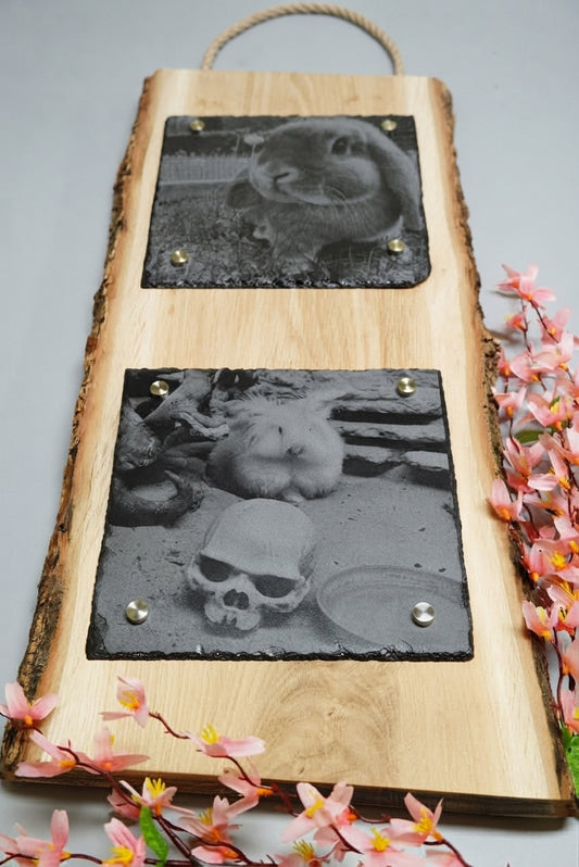 Personalisierte Fotogravur auf Schiefer mit Eichenholzschwarte und senkrechter Rinde, hochformatiges Wandbild von RJC-Circle aus Niederbayern 20x20+20x20