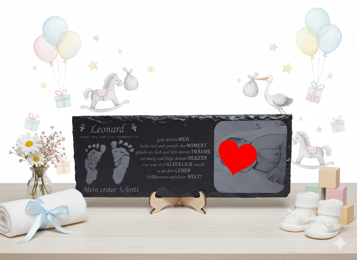 Schieferplatte mit Baby-Fotogravur, personalisiert, handgraviert in Niederbayern