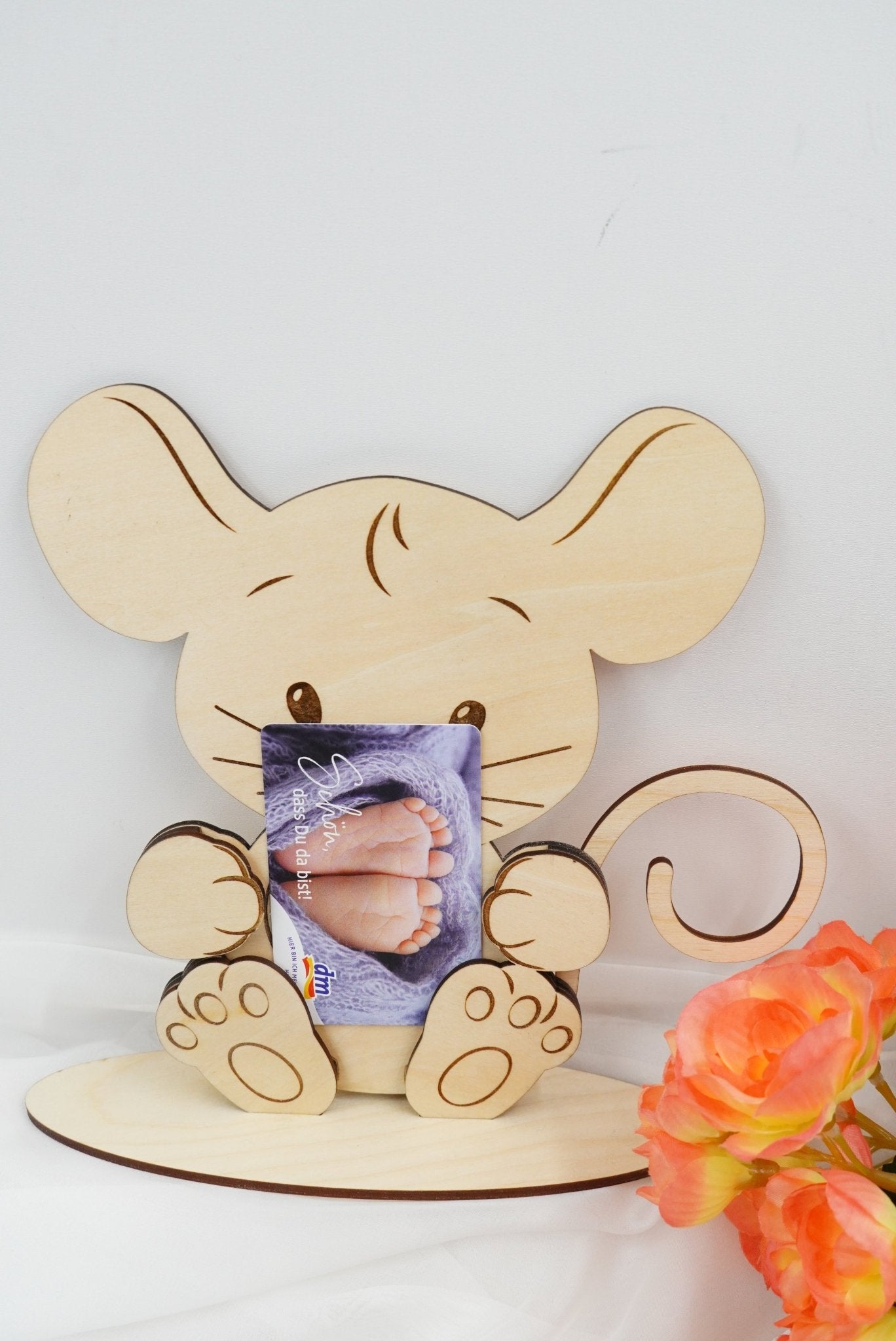 Maus Geschenkkartenhalter aus Birkenholz mit personalisierbarer Gravur