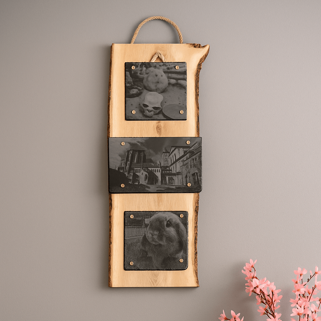 Individuelle Fotogravur auf Schieferplatte ca. 2 x 20*20 cm + 30*20 cm mit rustikaler Holzschwarte hochkant – Dein Foto als Kunstwerk - RJC - Circle