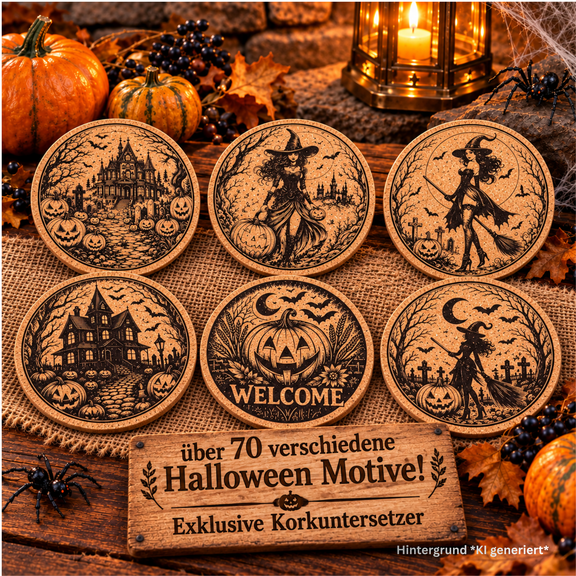 Halloween Korkuntersetzer mit Lasergravur als dekoratives Accessoire mit Motiv-Auswahl