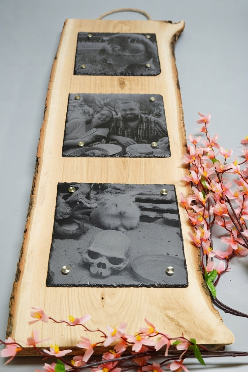 Personalisierte Fotogravur auf Schiefer mit Eichenholzschwarte und senkrechter Rinde, hochformatiges Wandbild von RJC-Circle aus Niederbayern 3x 20x20