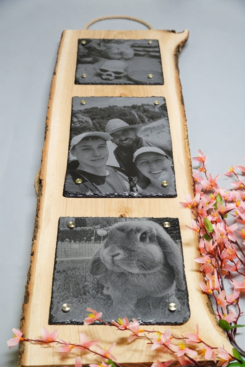 Personalisierte Fotogravur auf Schiefer mit Eichenholzschwarte und senkrechter Rinde, hochformatiges Wandbild von RJC-Circle aus Niederbayern 20x20 + 20x30 + 20x20