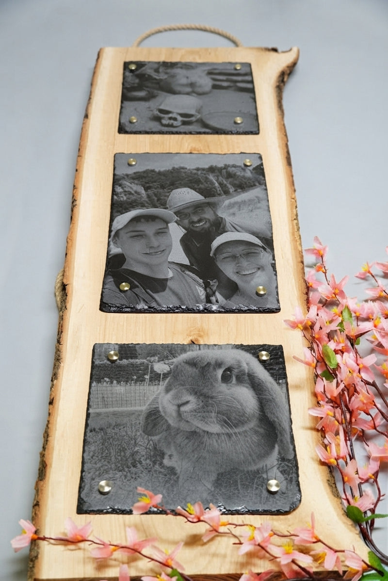 Personalisierte Fotogravur auf Schiefer mit Eichenholzschwarte und senkrechter Rinde, hochformatiges Wandbild von RJC-Circle aus Niederbayern 20x20 + 20x30 + 20x20