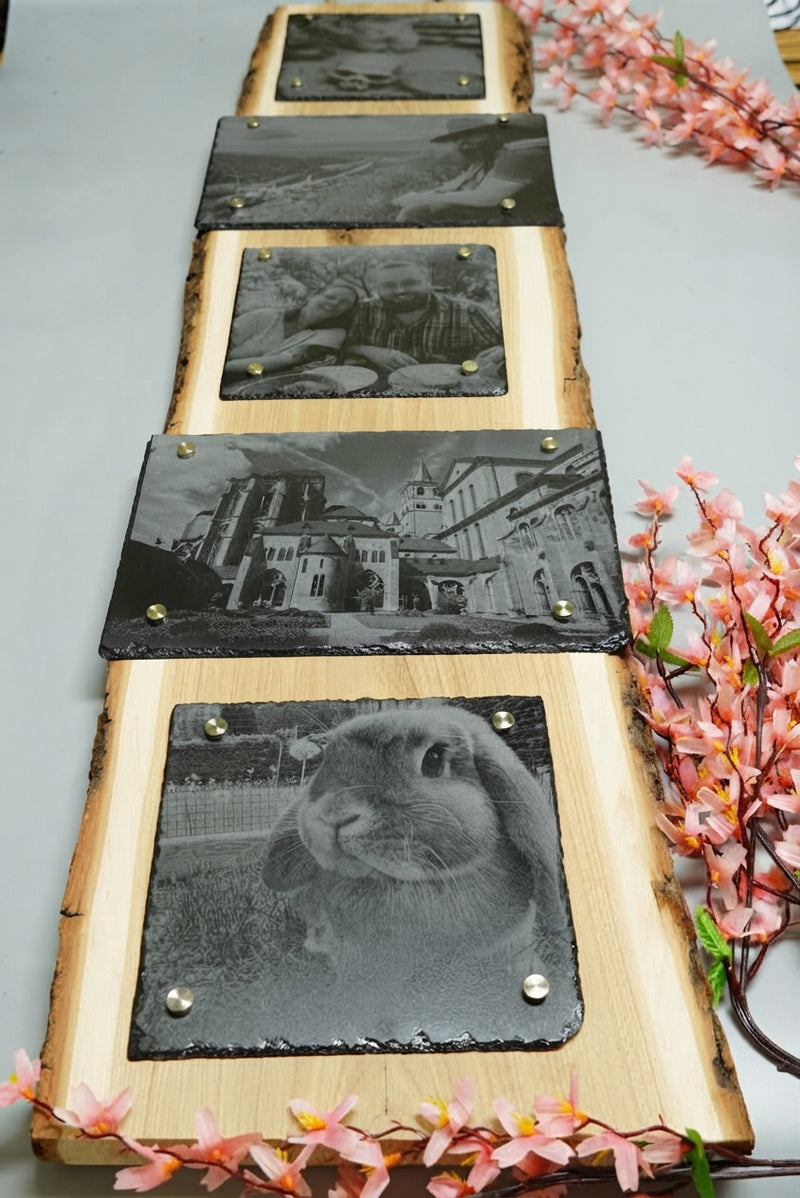 Längliches Wandbild aus Eichenholzschwarte mit senkrechter Rinde und mehreren Schieferplatten für persönliche Fotos 20x20 + 30x20 + 20x20 + 30x20 + 20x20 