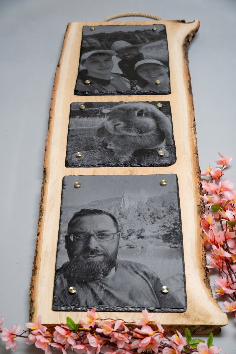 Personalisierte Fotogravur auf Schiefer mit Eichenholzschwarte und senkrechter Rinde, hochformatiges Wandbild von RJC-Circle aus Niederbayern 20x30 + 20x20 + 20x30
