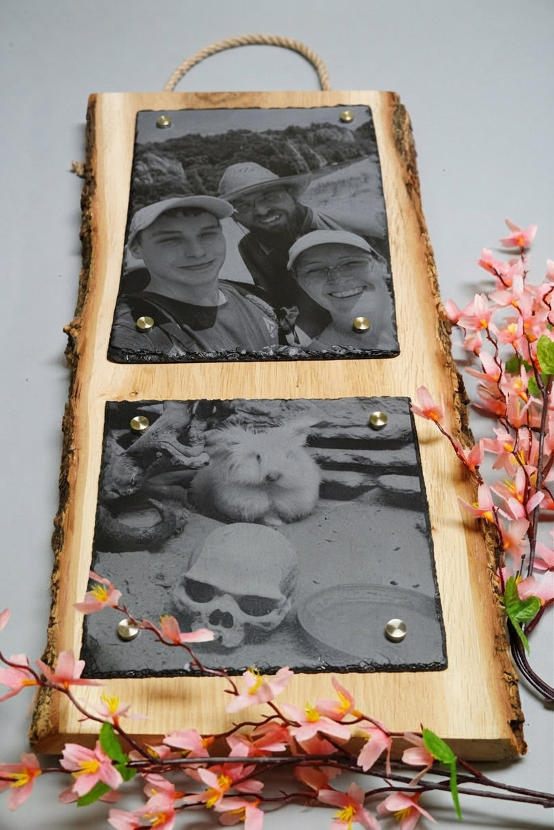 Personalisierte Fotogravur auf Schiefer mit Eichenholzschwarte (Rinde senkrecht)