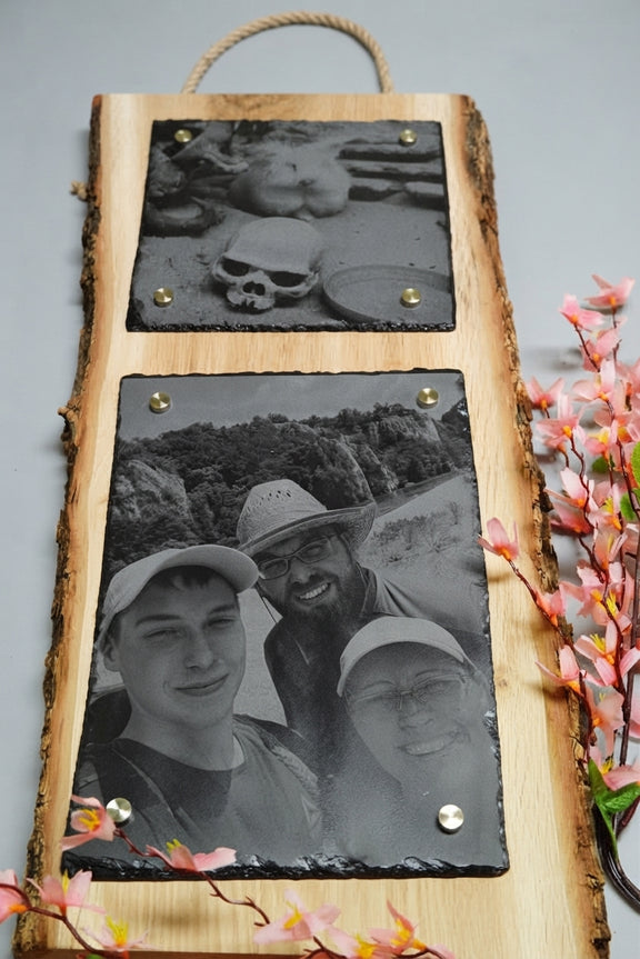 Personalisierte Fotogravur auf Schiefer mit Eichenholzschwarte und senkrechter Rinde, hochformatiges Wandbild von RJC-Circle aus Niederbayern 20x20 + 20x30