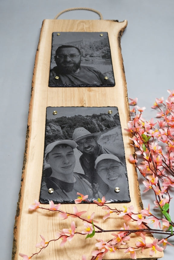 Personalisierte Fotogravur auf Schiefer mit Eichenholzschwarte und senkrechter Rinde, hochformatiges Wandbild von RJC-Circle aus Niederbayern 2x 20*30