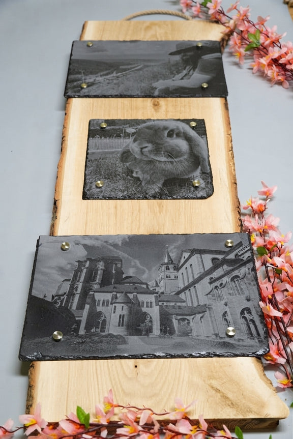 Personalisierte Fotogravur auf Schiefer mit Eichenholzschwarte und senkrechter Rinde, hochformatiges Wandbild von RJC-Circle aus Niederbayern 30x20 + 20x20 + 30x20