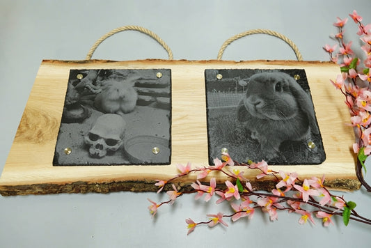 Personalisierte Fotogravur auf Schiefer mit Eichenholzschwarte und waagerechter Rinde, Wandbild mit eigenem Foto von RJC-Circle aus Niederbayern Schiefer 2 x 20x20 cm