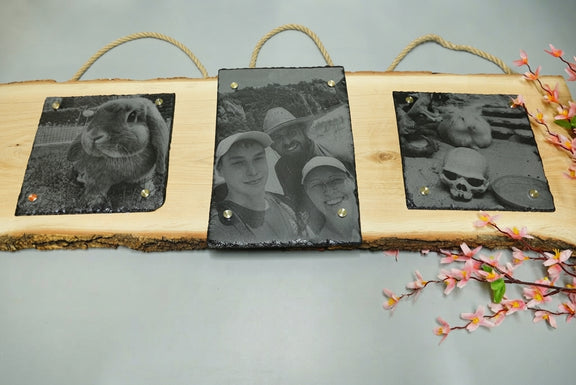 Personalisierte Fotogravur auf Schiefer mit Eichenholzschwarte und waagerechter Rinde, Wandbild mit eigenem Foto von RJC-Circle aus Niederbayern Schiefer 20x20 cm und 20x30 und 20x20