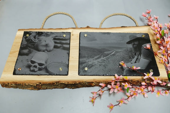 Personalisierte Fotogravur auf Schiefer mit Eichenholzschwarte und waagerechter Rinde, Wandbild mit eigenem Foto von RJC-Circle aus Niederbayern Schiefer 20x20 cm und 30x20