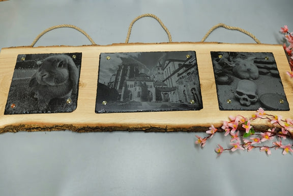 Personalisierte Fotogravur auf Schiefer mit Eichenholzschwarte und waagerechter Rinde, Wandbild mit eigenem Foto von RJC-Circle aus Niederbayern Schiefer 20x20 cm und 30x20 und 20x20