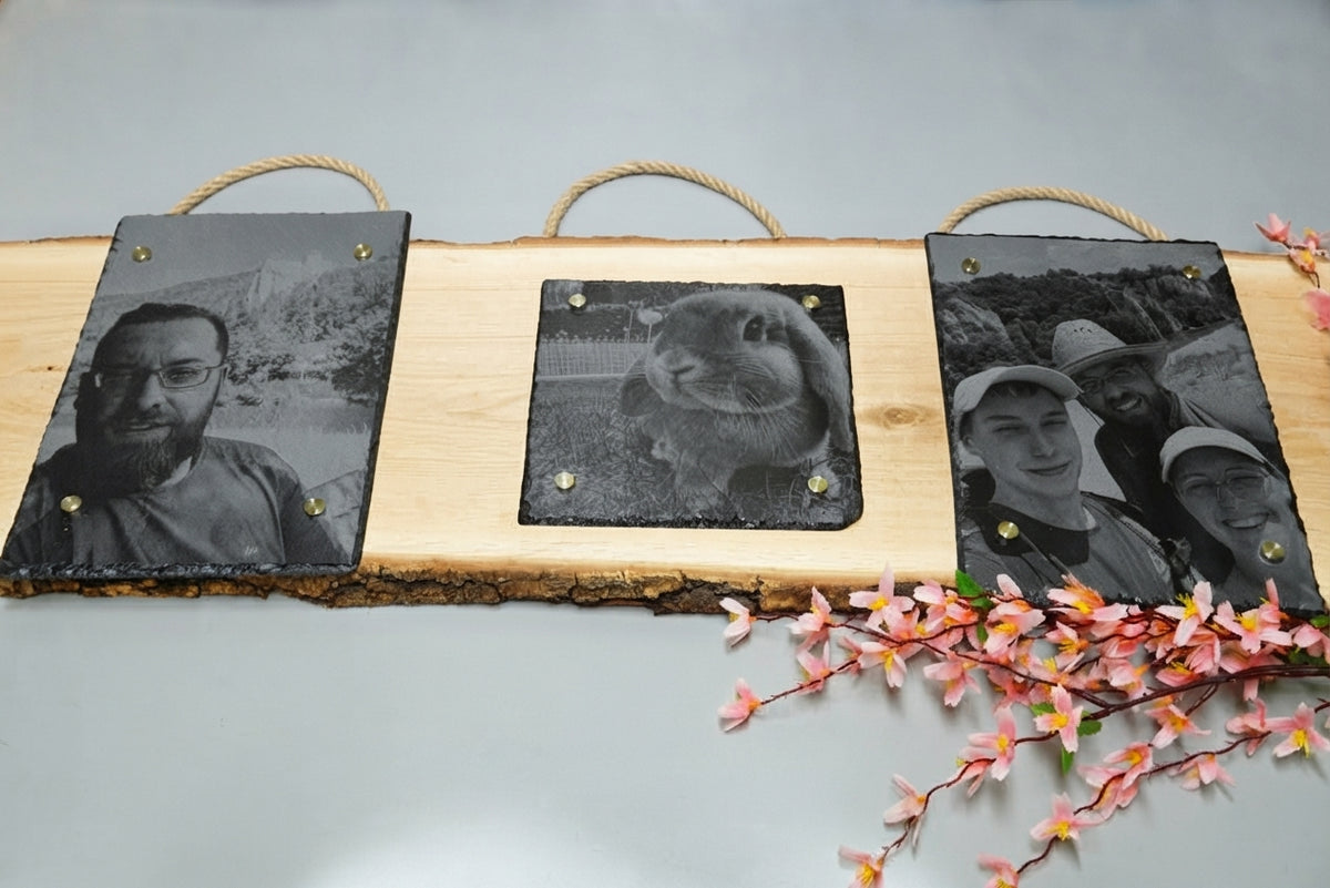 Personalisierte Fotogravur auf Schiefer mit Eichenholzschwarte und waagerechter Rinde, Wandbild mit eigenem Foto von RJC-Circle aus Niederbayern Schiefer 20x30 cm und 20x20 und 20x30
