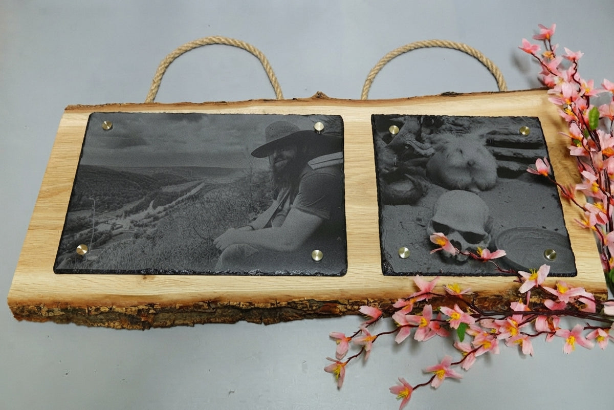 Personalisierte Fotogravur auf Schiefer mit Eichenholzschwarte und waagerechter Rinde, Wandbild mit eigenem Foto von RJC-Circle aus Niederbayern Schiefer 30x20 cm und 20x20