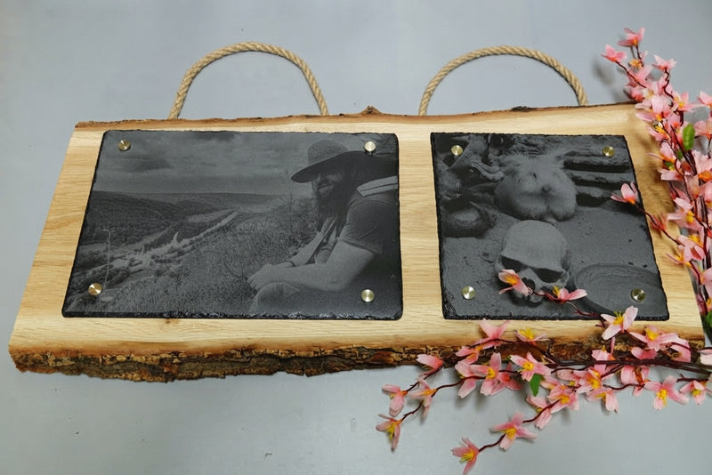 Personalisierte Fotogravur auf Schiefer mit Eichenholzschwarte und waagerechter Rinde, Wandbild mit eigenem Foto von RJC-Circle aus Niederbayern Schiefer 30x20 cm und 20x20