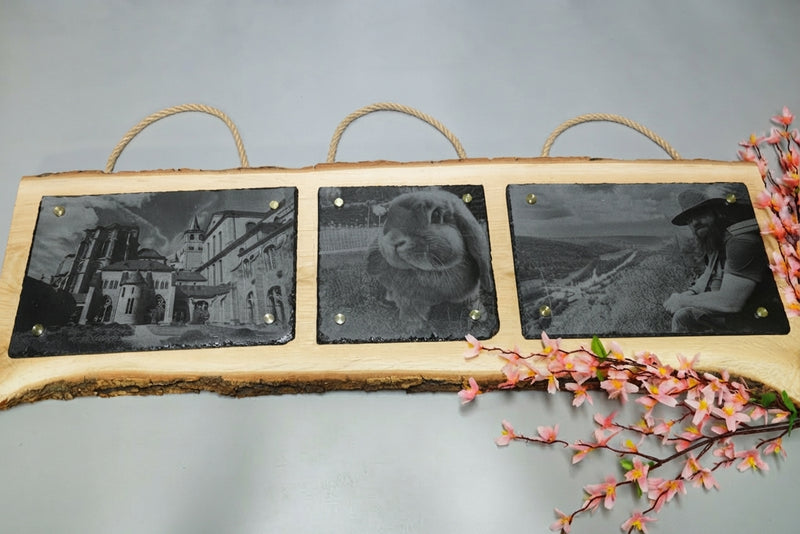Personalisierte Fotogravur auf Schiefer mit Eichenholzschwarte und waagerechter Rinde, Wandbild mit eigenem Foto von RJC-Circle aus Niederbayern Schiefer 30x20 cm und 20x20 und 30x20