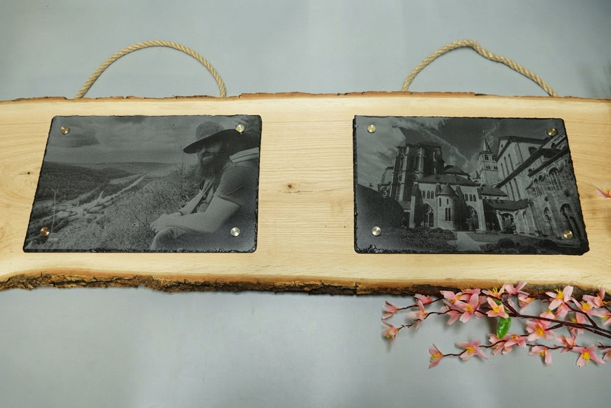 Personalisierte Fotogravur auf Schiefer mit Eichenholzschwarte und waagerechter Rinde, Wandbild mit eigenem Foto von RJC-Circle aus Niederbayern Schiefer 2 x 30x20 cm