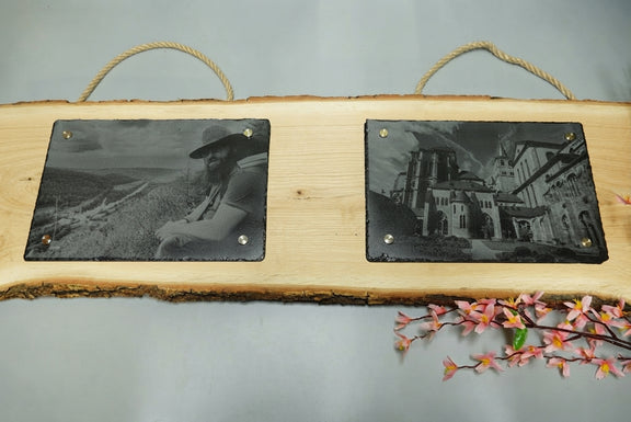 Personalisierte Fotogravur auf Schiefer mit Eichenholzschwarte und waagerechter Rinde, Wandbild mit eigenem Foto von RJC-Circle aus Niederbayern Schiefer 2 x 30x20 cm