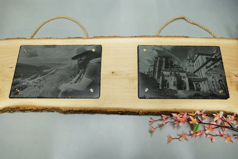 Personalisierte Fotogravur auf Schiefer mit Eichenholzschwarte und waagerechter Rinde, Wandbild mit eigenem Foto von RJC-Circle aus Niederbayern Schiefer 2 x 30x20 cm