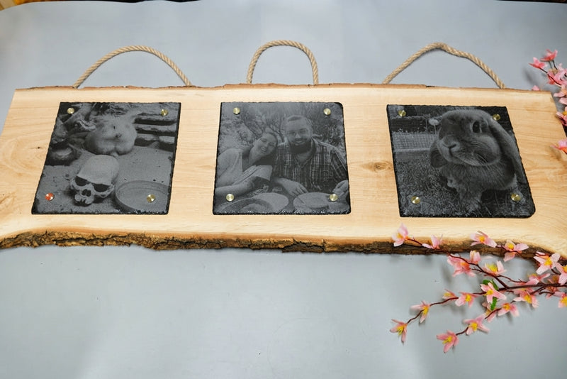 Personalisierte Fotogravur auf Schiefer mit Eichenholzschwarte und waagerechter Rinde, Wandbild mit eigenem Foto von RJC-Circle aus Niederbayern Schiefer 3 x 20x20 cm