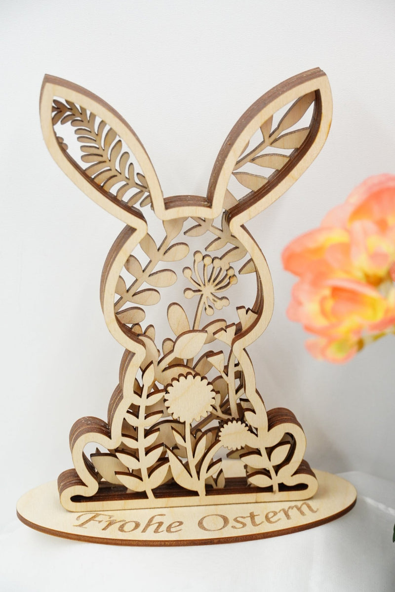 Mehrschichtiger Holz-Osterhase Aufsteller mit 3D Effekt, Lasergravur, gefertigt in Niederbayern