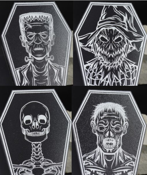 Halloween-Sarg aus MDF schwarz-weiß mit Lasergravur – gefertigt in Niederbayern