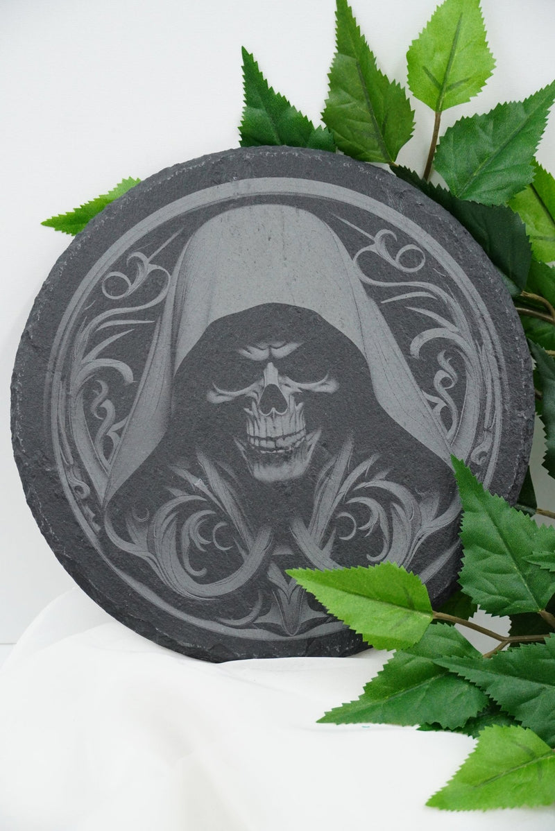 Halloween Untersetzer Grim Reaper / Sensenmann aus Schiefer, lokal gefertigt in Niederbayern, personalisierbar