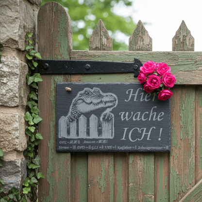 „Hier wache ich“ Schieferschild mit Gravur – Haustier Türschild für Humormenschen - RJC - Circle