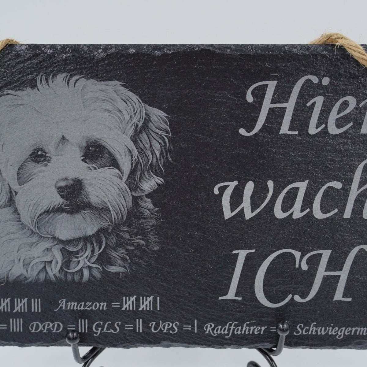 „Hier wache ich“ Schieferschild mit Gravur – Haustier Türschild für Hundehalter - RJC - Circle