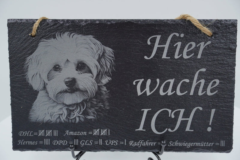 „Hier wache ich“ Schieferschild mit Gravur – Haustier Türschild für Hundehalter - RJC - Circle