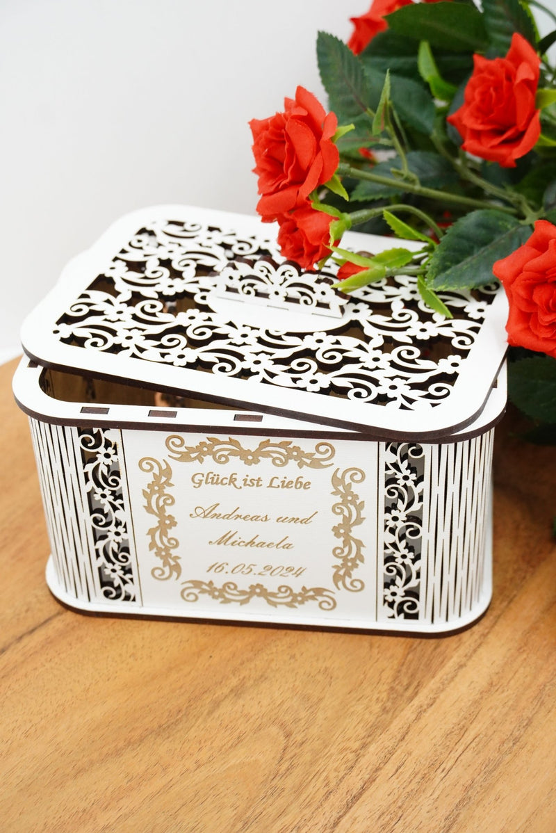 Geschenkbox mit Ornamentdesign, personalisierte Lasergravur aus Holz, Geschenkidee zur Hochzeit oder zum Geburtstag, Made in Germany, Niederbayern