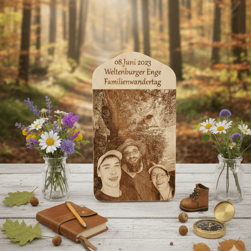 Fotogravur auf Buchenholzbrett mit individuellem Motiv, personalisierte Lasergravur, lokal gefertigt in Niederbayern