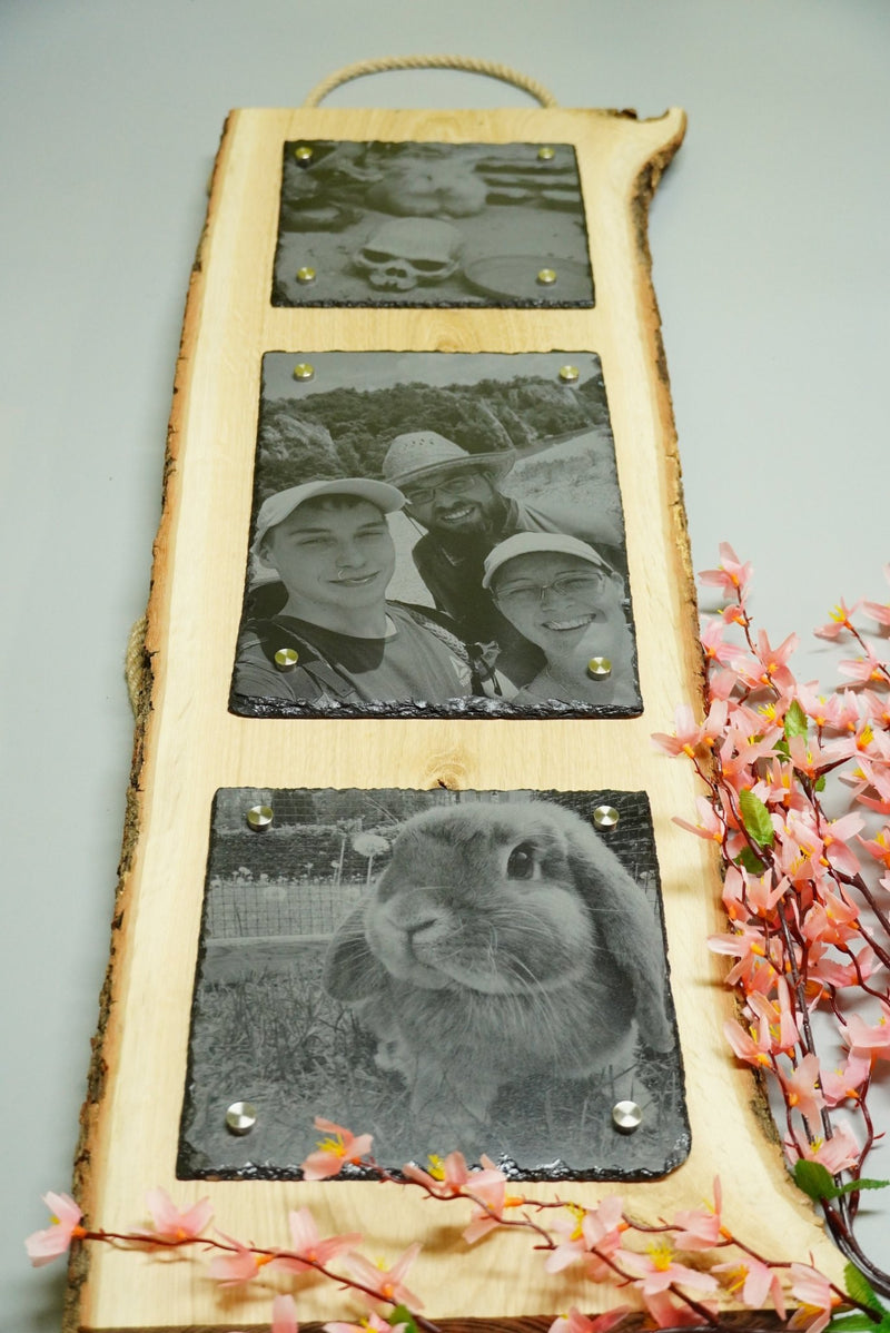 Individuelle Fotogravur auf Schieferplatte ca. 2 x 20*20 cm + 20*30 cm mit rustikaler Holzschwarte hochkant – Dein Foto als Kunstwerk - RJC - Circle