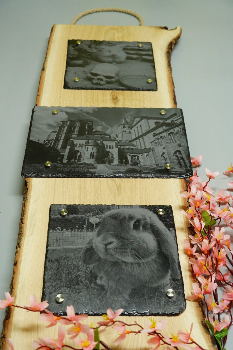 Individuelle Fotogravur auf Schieferplatte ca. 2 x 20*20 cm + 30*20 cm mit rustikaler Holzschwarte hochkant – Dein Foto als Kunstwerk - RJC - Circle