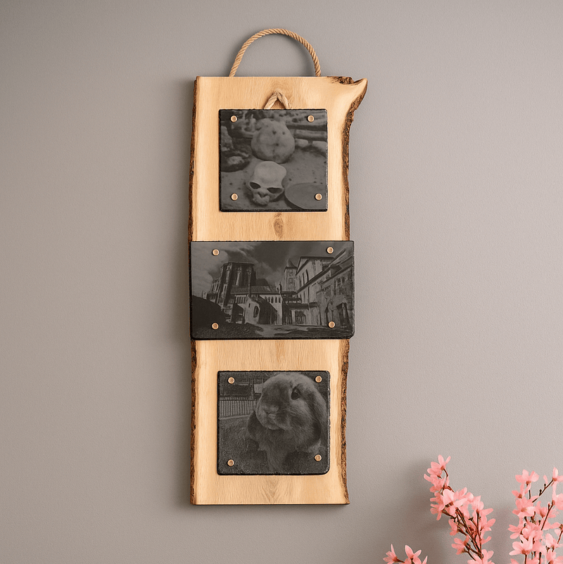 Individuelle Fotogravur auf Schieferplatte ca. 2 x 20*20 cm + 30*20 cm mit rustikaler Holzschwarte hochkant – Dein Foto als Kunstwerk - RJC - Circle