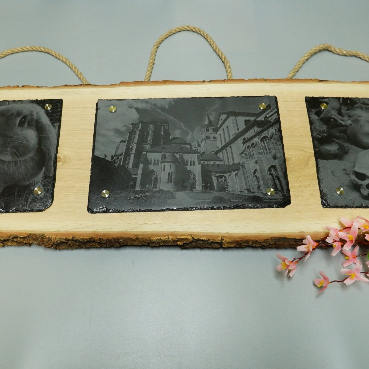 Individuelle Fotogravur auf Schieferplatte ca. 2 x 20*20 cm + 30*20 cm mit rustikaler Holzschwarte längs – Dein Foto als Kunstwerk - RJC - Circle