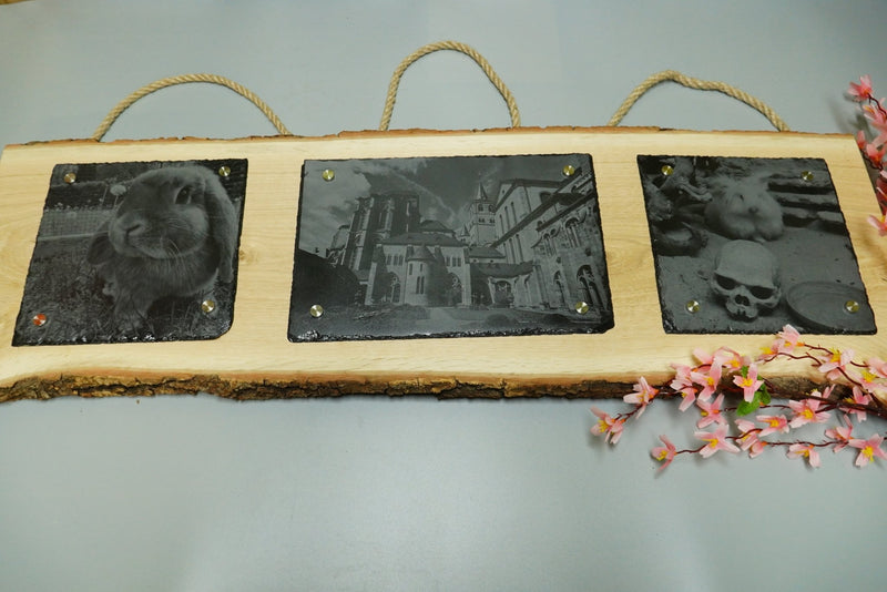 Individuelle Fotogravur auf Schieferplatte ca. 2 x 20*20 cm + 30*20 cm mit rustikaler Holzschwarte längs – Dein Foto als Kunstwerk - RJC - Circle