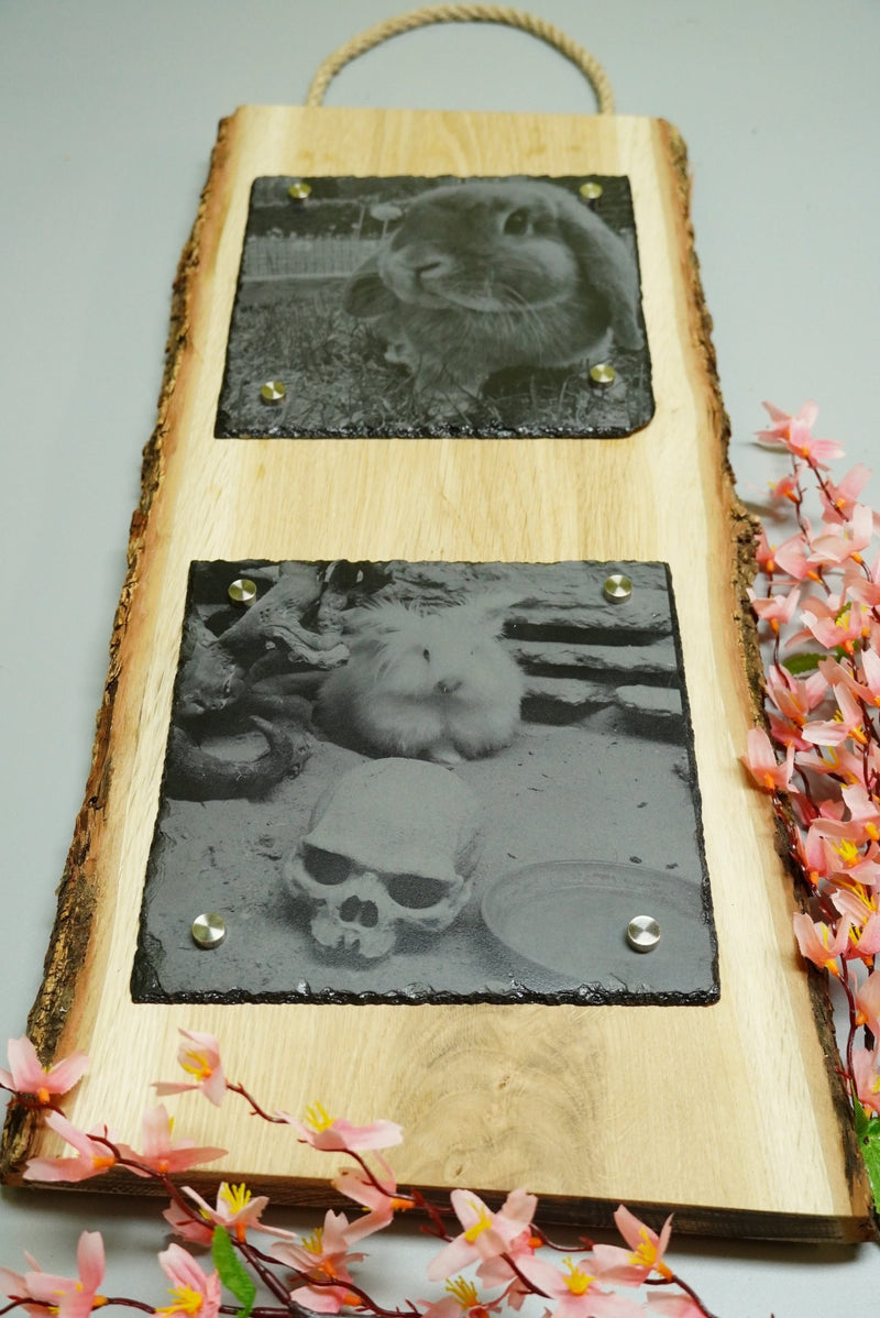Individuelle Fotogravur auf Schieferplatte ca. 2 x 20*20 cm mit rustikaler Holzschwarte hochkant – Dein Foto als Kunstwerk - RJC - Circle