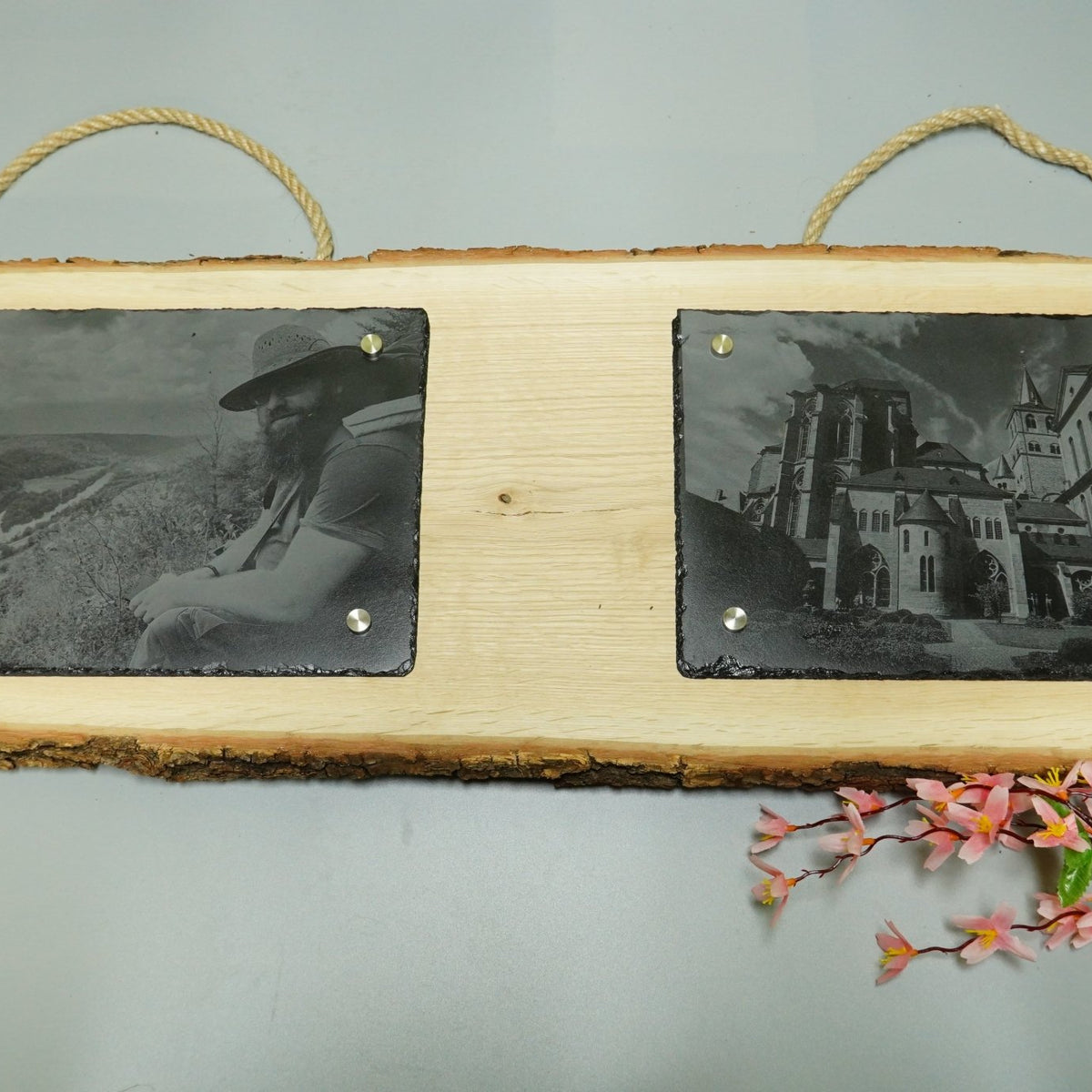 Individuelle Fotogravur auf Schieferplatte ca. 2 x 30*20 cm mit rustikaler Holzschwarte längs – Dein Foto als Kunstwerk - RJC - Circle