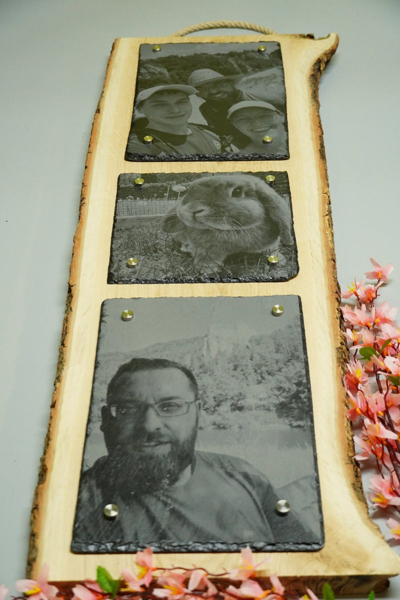 Individuelle Fotogravur auf Schieferplatte ca. 20*20 cm + 2 x 20*30 cm mit rustikaler Holzschwarte hochkant – Dein Foto als Kunstwerk - RJC - Circle