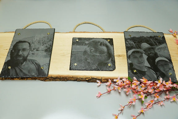 Individuelle Fotogravur auf Schieferplatte ca. 20*20 cm + 2 x 20*30 cm mit rustikaler Holzschwarte längs – Dein Foto als Kunstwerk - RJC - Circle