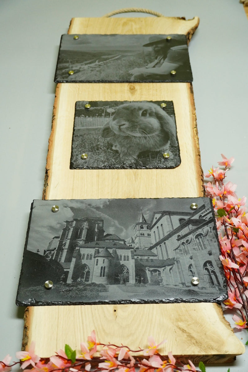 Individuelle Fotogravur auf Schieferplatte ca. 20*20 cm + 2 x 30*20 cm mit rustikaler Holzschwarte hochkant – Dein Foto als Kunstwerk - RJC - Circle