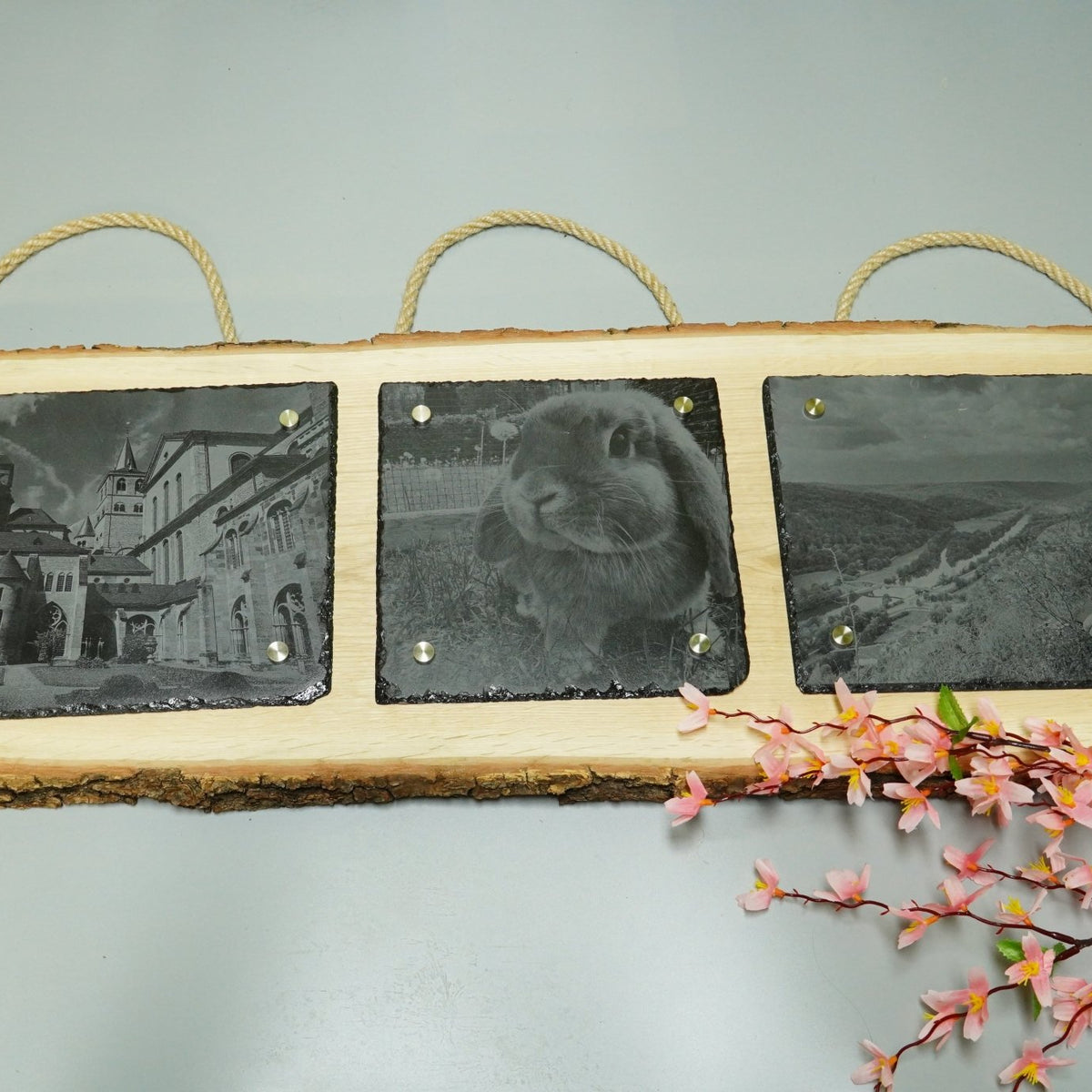Individuelle Fotogravur auf Schieferplatte ca. 20*20 cm + 2 x 30*20 cm mit rustikaler Holzschwarte längs – Dein Foto als Kunstwerk - RJC - Circle