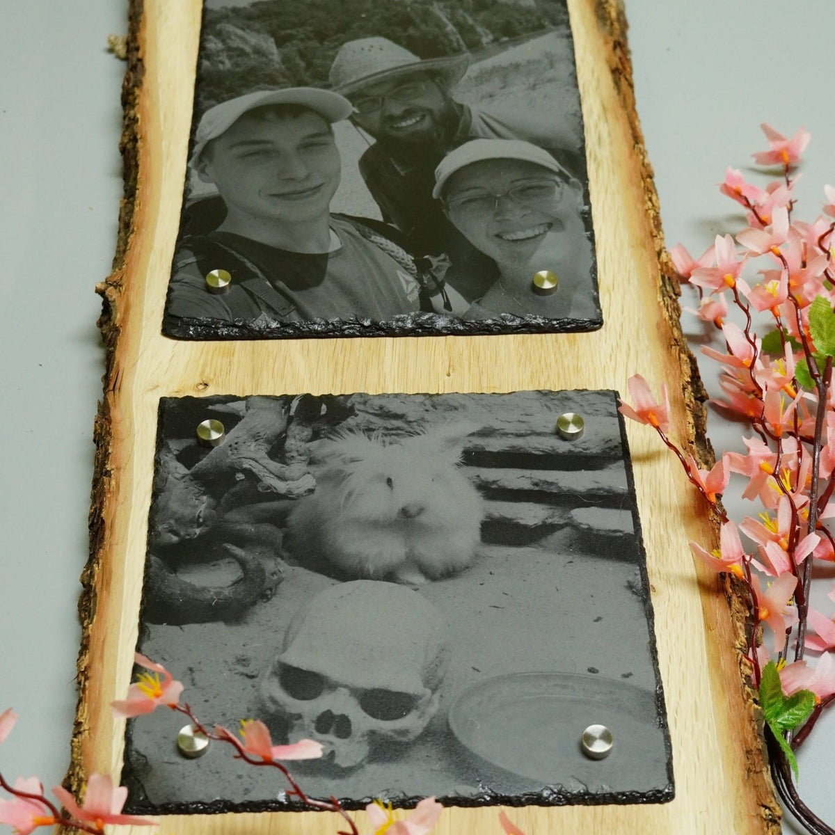 Individuelle Fotogravur auf Schieferplatte ca. 20*20 cm + 20*30 cm mit rustikaler Holzschwarte hochkant – Dein Foto als Kunstwerk - RJC - Circle