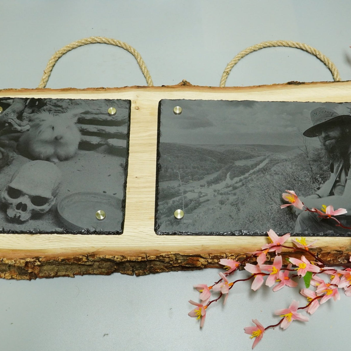 Individuelle Fotogravur auf Schieferplatte ca. 20*20 cm + 30*20 cm mit rustikaler Holzschwarte längst – Dein Foto als Kunstwerk - RJC - Circle