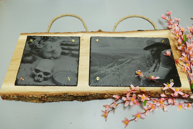 Individuelle Fotogravur auf Schieferplatte ca. 20*20 cm + 30*20 cm mit rustikaler Holzschwarte längst – Dein Foto als Kunstwerk - RJC - Circle