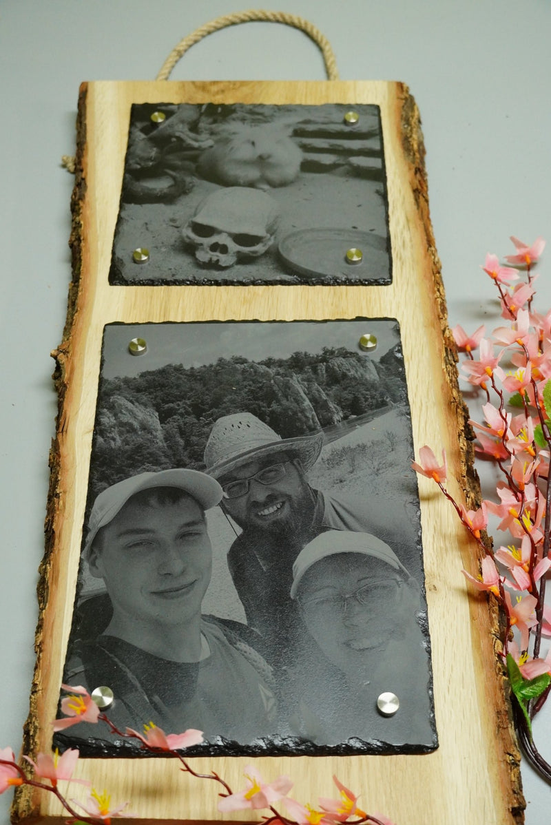 Individuelle Fotogravur auf Schieferplatte ca. 20*30 cm + 20*20 cm mit rustikaler Holzschwarte hochkant – Dein Foto als Kunstwerk - RJC - Circle