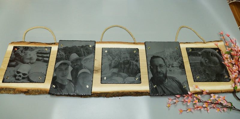 Individuelle Fotogravur auf Schieferplatte ca. 3 x 20*20 cm + 2 x 20*30 cm mit rustikaler Holzschwarte längst – Dein Foto als Kunstwerk - RJC - Circle